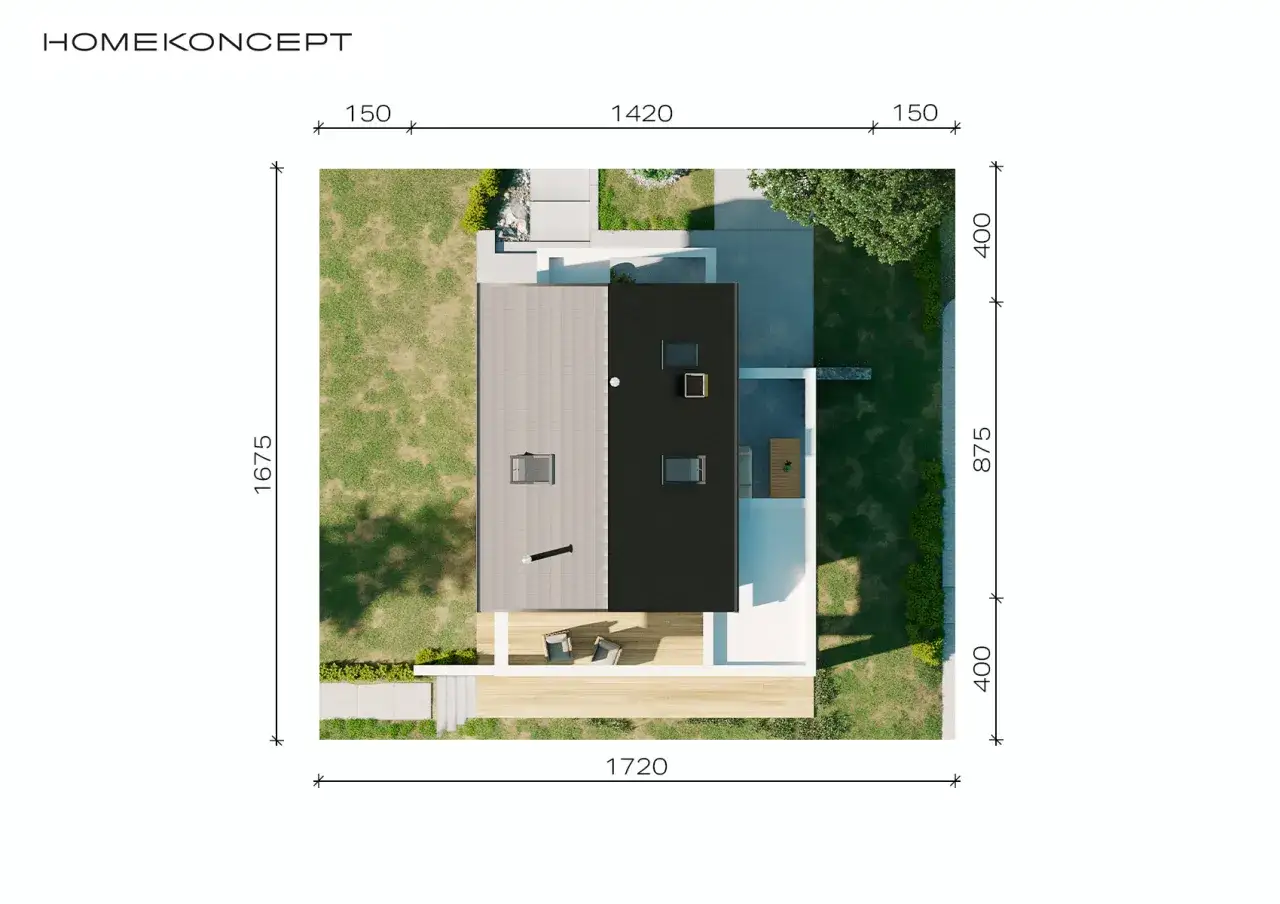 Projekt domu HOMEKONCEPT 65 z lotu ptaka. Wymiary działki i budynku widoczne na rzucie.