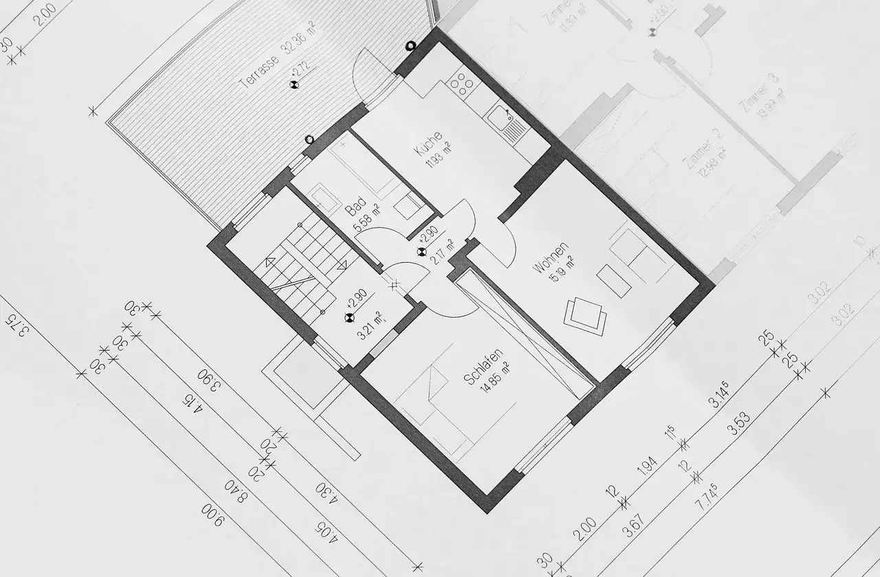 Projekt budynek gospodarczy 35m2: rzut parteru z kuchnią, łazienką, salonem, sypialnią i tarasem.