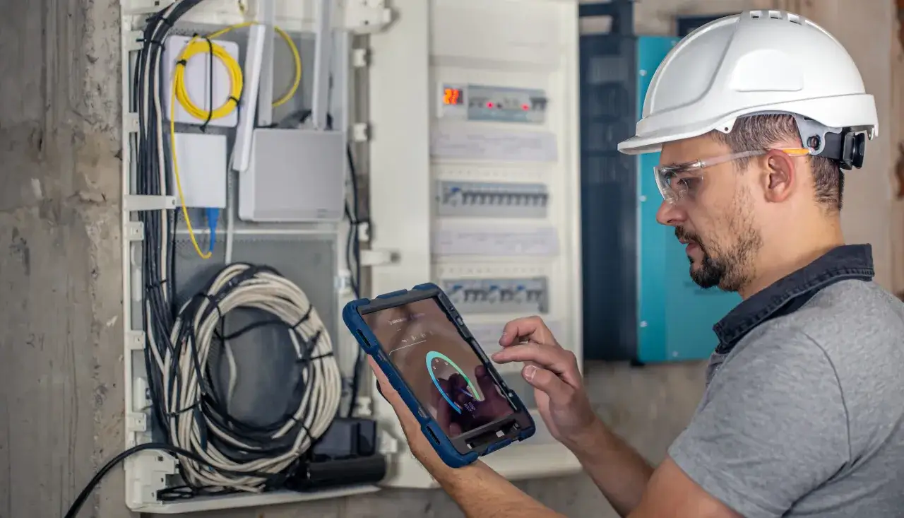 Technik w kasku i okularach ochronnych sprawdza przegląd instalacji elektrycznej domu na tablecie.