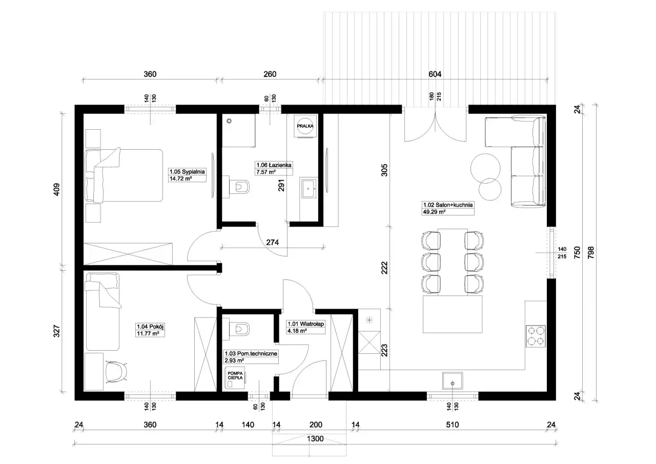 Projekt domu 90m2: salon z aneksem kuchennym, 2 sypialnie, łazienka, garderoba, pomieszczenie techniczne.