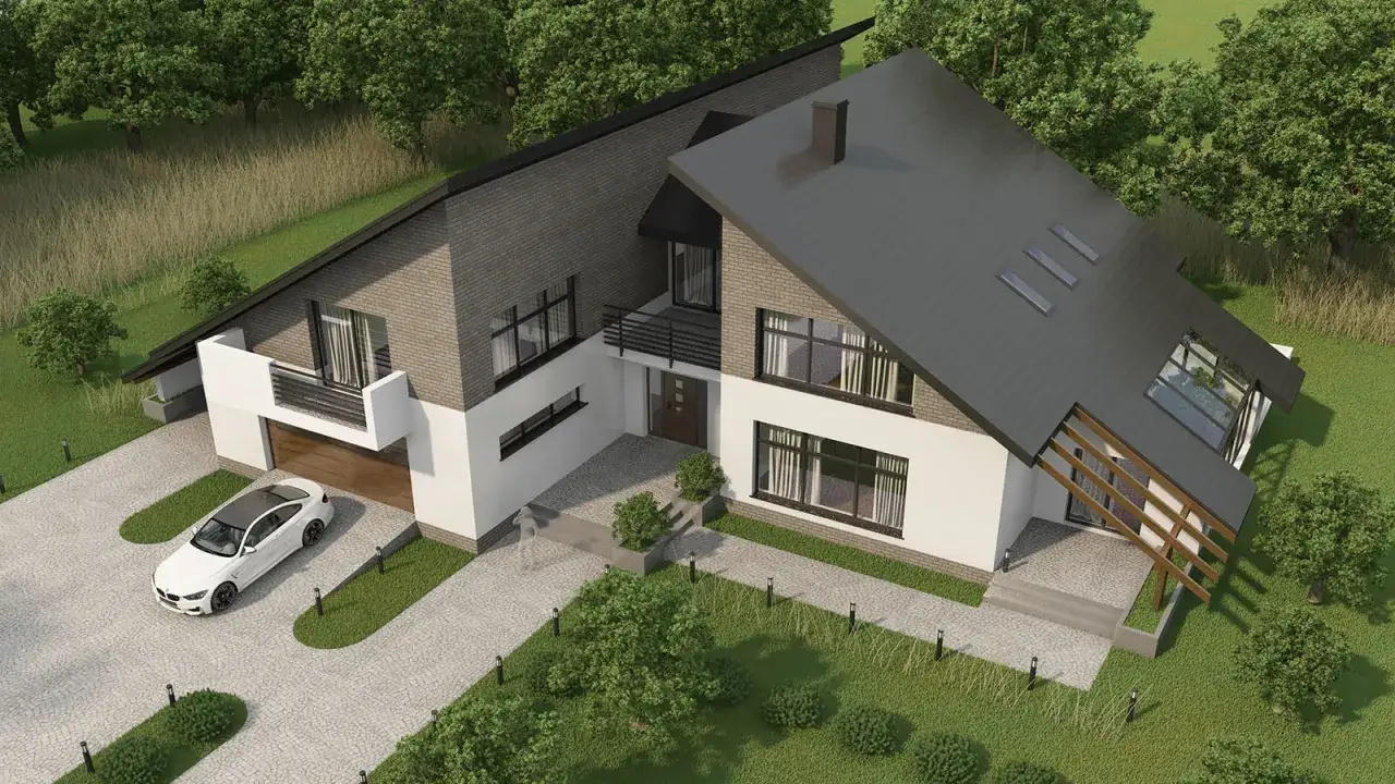 Nowoczesny projekt domu z ogrodem zimowym, z garażem i białym BMW na podjeździe.
