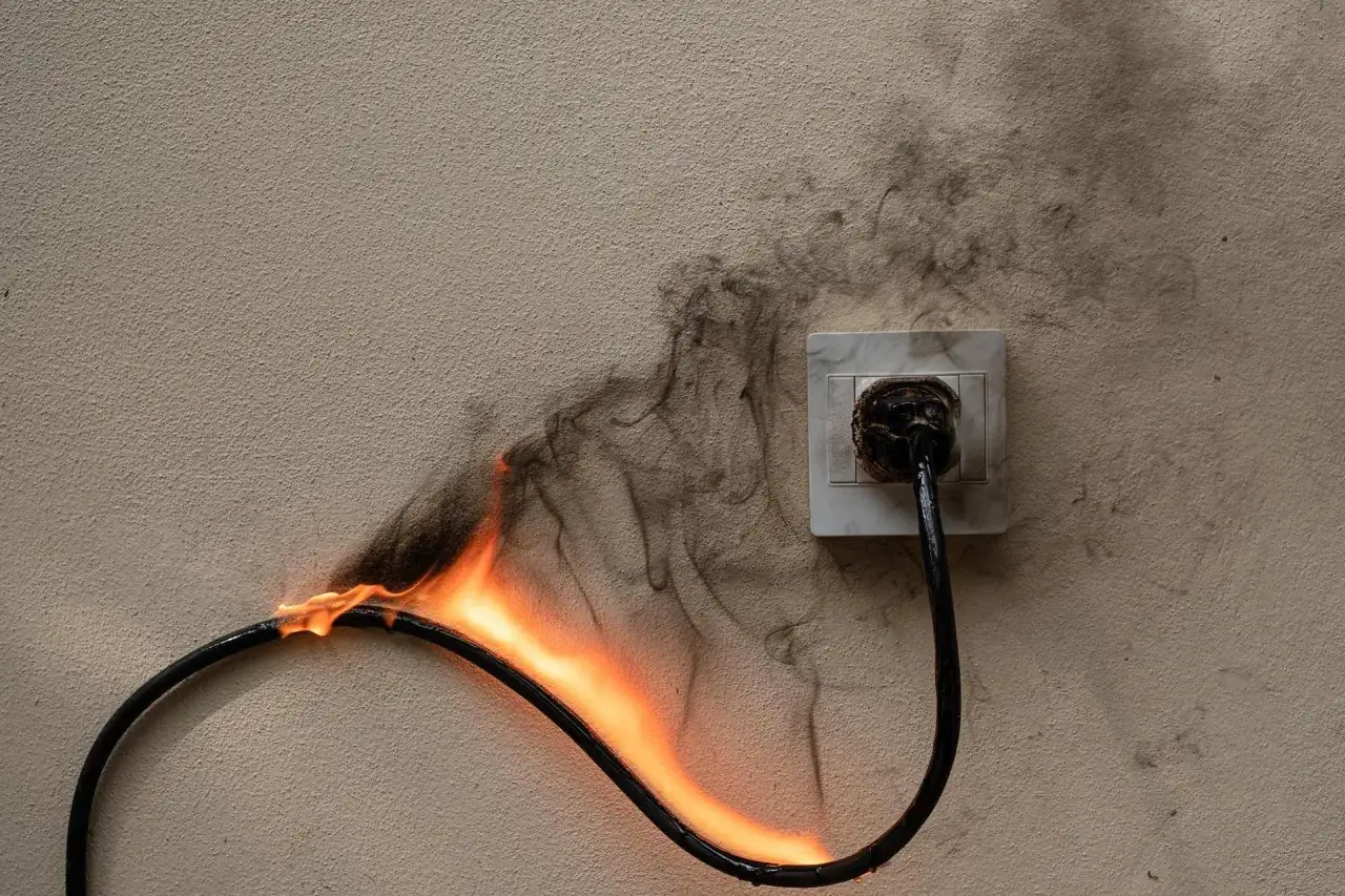 Płonący kabel wychodzący z gniazdka, unoszący się czarny dym. Wyraźne oznaki przeciążenia instalacji elektrycznej.