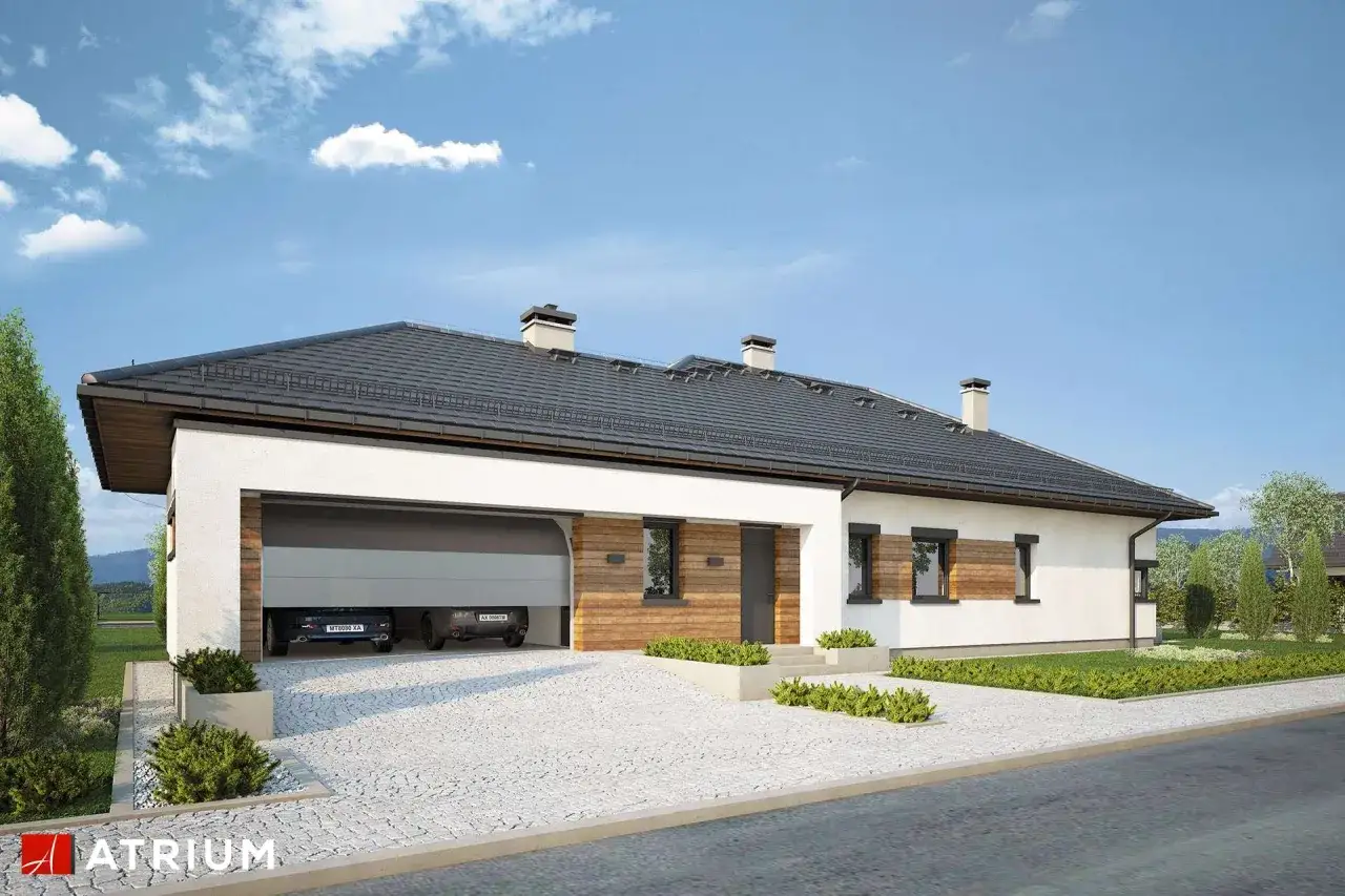 Nowoczesny dom z garażem, projekt homekoncept 69. Biała elewacja, drewniane akcenty, szary dach.