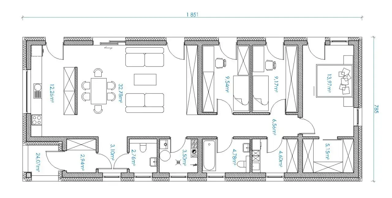 Projekt parterowego domku z salonem, kuchnią, 3 sypialniami i łazienkami. Tani w budowie, funkcjonalny układ pomieszczeń.