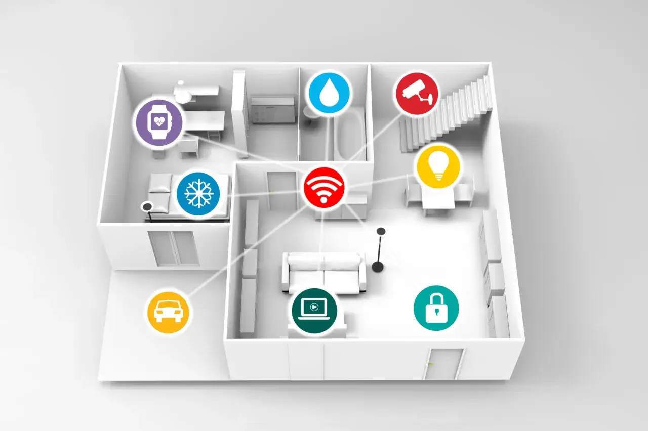 Wizualizacja domu z ikonami symbolizującymi rozwiązania smart home: ogrzewanie, klimatyzacja, bezpieczeństwo, oświetlenie, woda, Wi-Fi, samoch&oacute;d, zdrowie i multimedia.