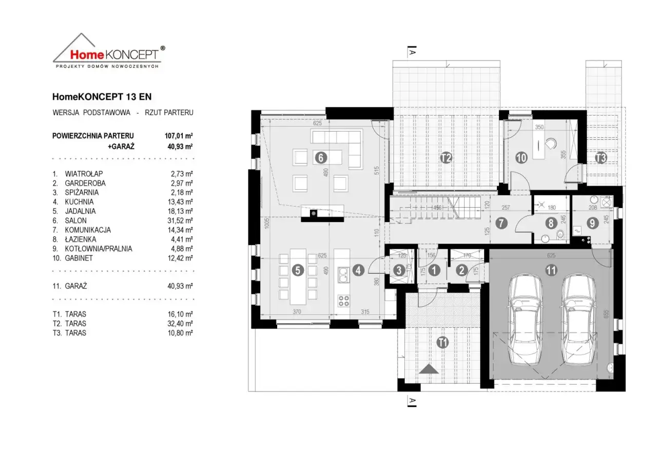 Rzut parteru domu HomeKONCEPT 13 EN. Powierzchnia użytkowa parteru 107,01 m&sup2;, garażu 40,93 m&sup2;. Wymiary pomieszczeń.