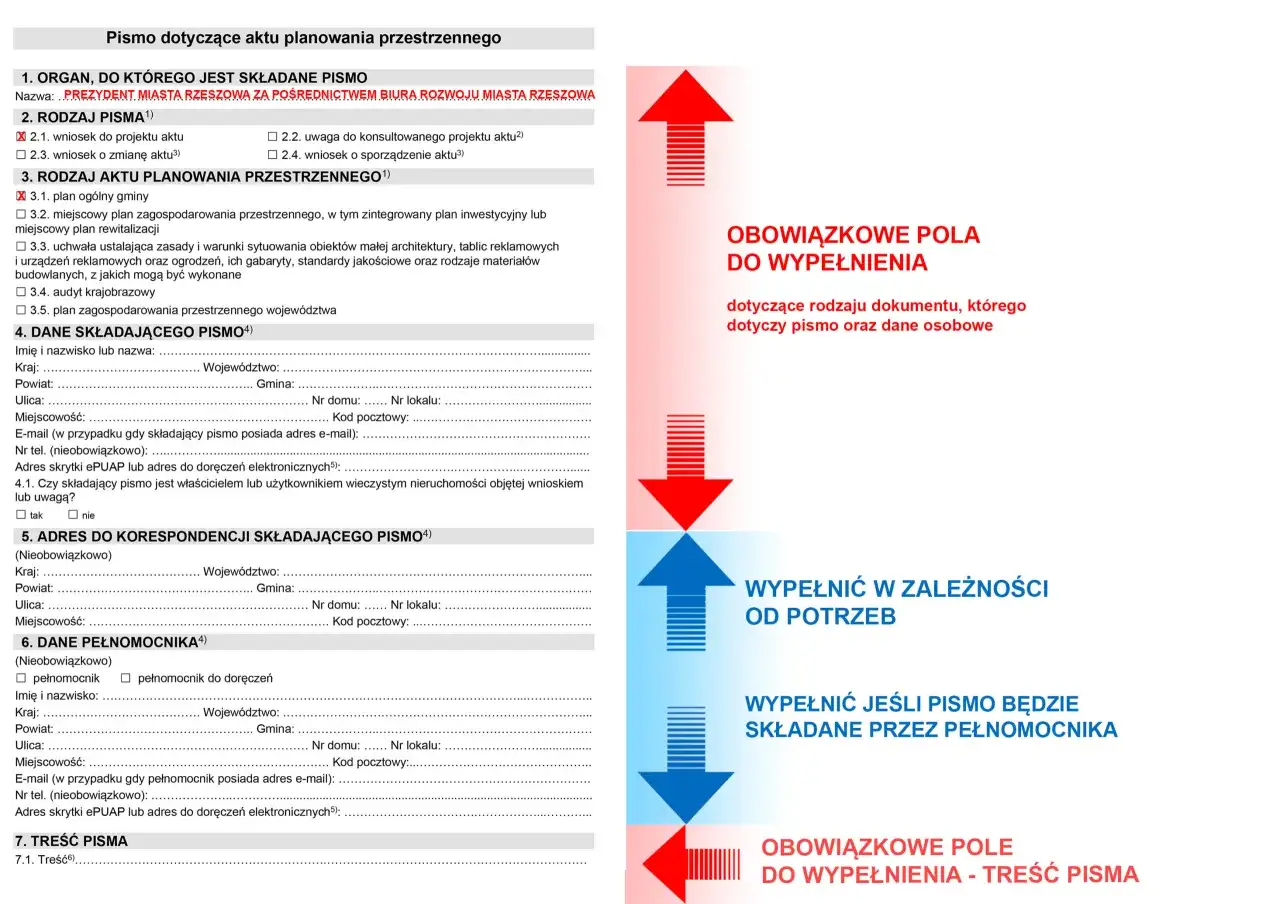 Formularz wniosku o zmianę planu zagospodarowania przestrzennego. Wypełnij dane wnioskodawcy i treść pisma.