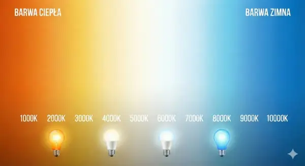 Gradient od ciepłej barwy 1000K do zimnej 10000K. Pokazuje różne odcienie światła, od pomarańczowego po niebieski, z żarówkami ilustrującymi temperaturę barwową.