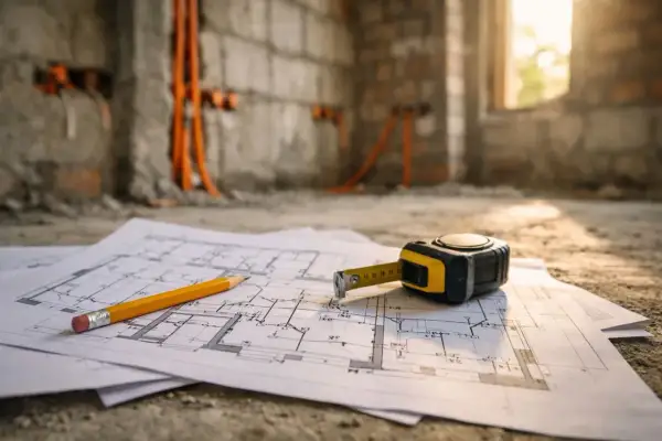 Plany budowy, ołówek i miarka leżą na ziemi. W tle widać instalację elektryczną, zgodną z normami elektrycznymi.
