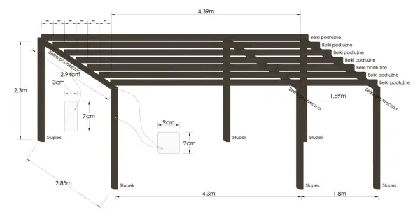 Techniczny projekt pergoli z wymiarami: słupki, belki podłużne i poprzeczne. Wymiary: 4,39m, 2,3m, 2,85m, 1,89m, 1,8m.