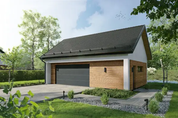 Nowoczesny budynek gospodarczy projekt 35m2 z drewnianą elewacją i dużym garażem, otoczony zielenią.