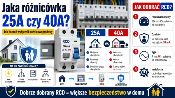 Porównanie wyłączników różnicowoprądowych 25A i 40A. Wybór odpowiedniej różnicówki do falownika zależy od obciążenia i liczby obwodów.