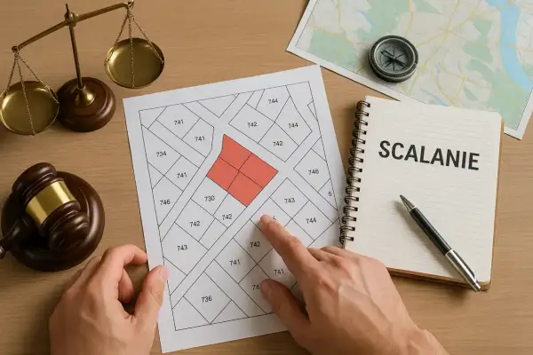 Plan podziału działek z zaznaczonym obszarem do scalenia. Obok waga, młotek sędziowski i notatnik z napisem "SCALANIE".