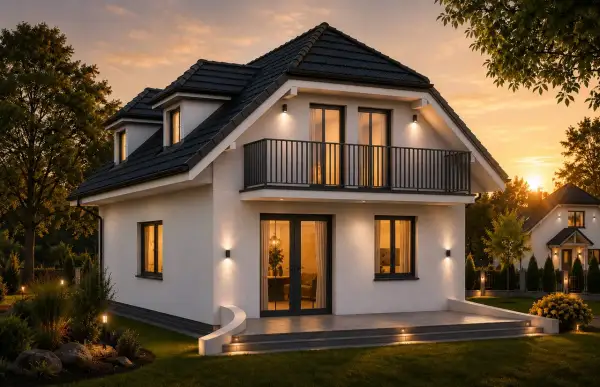 Nowoczesny dom z balkonem, projekt domu Adaś 70m2, oświetlony wieczorem.