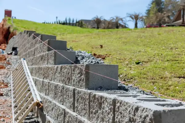 Budowa muru oporowego w ogrodzie. Betonowe bloki układane są warstwami, tworząc solidną konstrukcję. W tle zielona skarpa i dom.