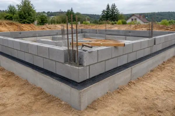 Fundamenty domu w budowie, z widocznym murem z bloczków betonowych, zbrojeniem i narzędziami budowlanymi.