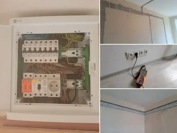 Nowa instalacja elektryczna: rozdzielnica z zabezpieczeniami, gniazdka i przewody w ścianach.