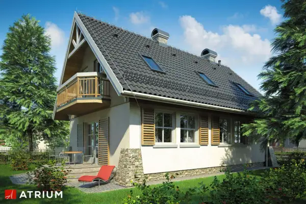 Nowy projekt domu z balkonem i kamienną podmurówką, otoczony zielenią. Idealne miejsce na relaks.