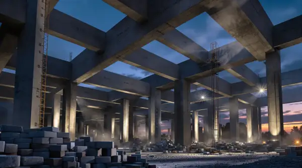 Betonowy strop fert 40 w budowie, nocą. Kolumny i belki tworzą surową architekturę. W tle zachód słońca.