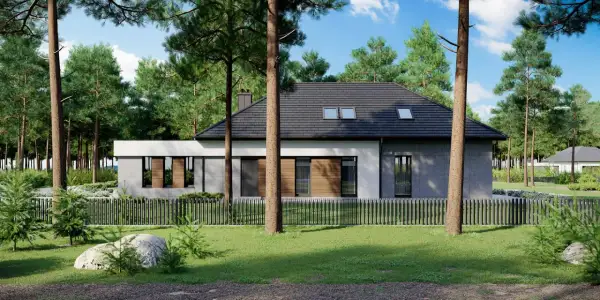 Nowoczesny dom z drewna i betonu, otoczony lasem. Projekt homekoncept 26 wariant 10, z dużymi oknami i dachem dwuspadowym.
