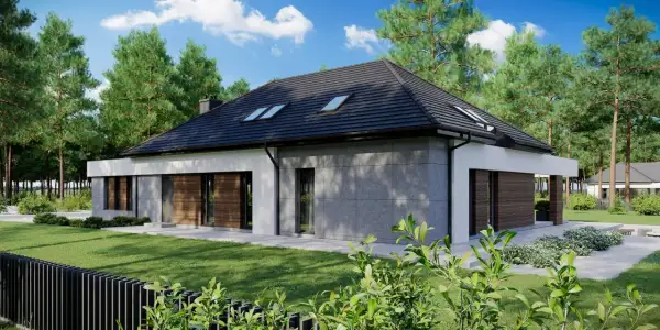 Nowoczesny dom z szarym kamieniem i drewnem, otoczony sosnami. Jedna z wielu inspirujących realizacji homekoncept 26.