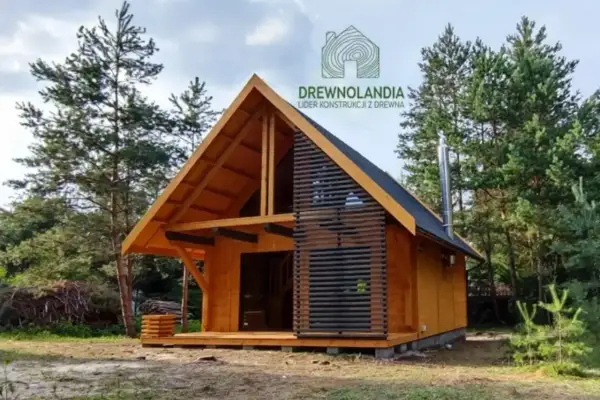 Nowoczesny domek letniskowy z drewna, otoczony sosnami. Idealny projekt dla miłośników natury.