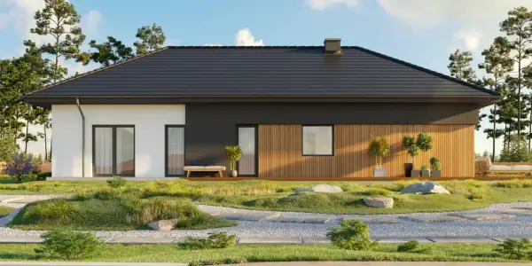 Nowoczesny dom z drewnianą elewacją, idealny dla rodziny. Projekt homekoncept 69.